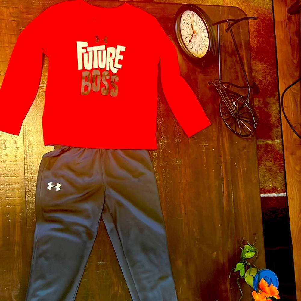 Boys under armor, shirt, and track pants